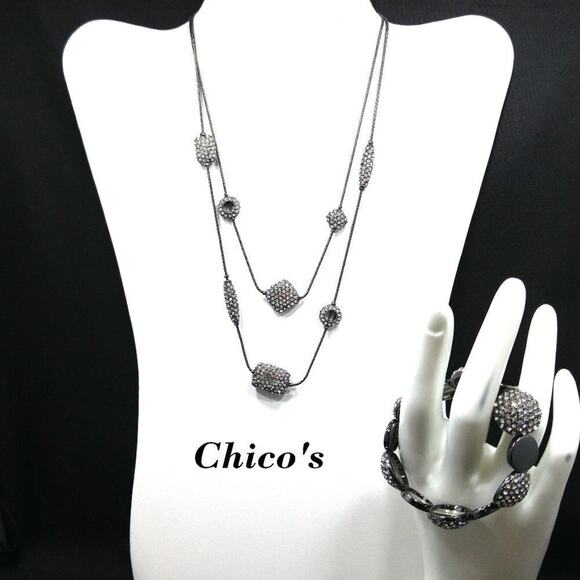Chico's Clear Rhinestone Necklace Stretch Bracelet Set, 19 Inches, 7 Inches - Picture 3 of 8